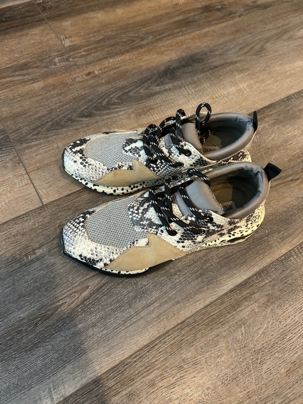 Steve Madden Cliff size 8.5 snake print Sneakers in Black, White & Tan GUC
